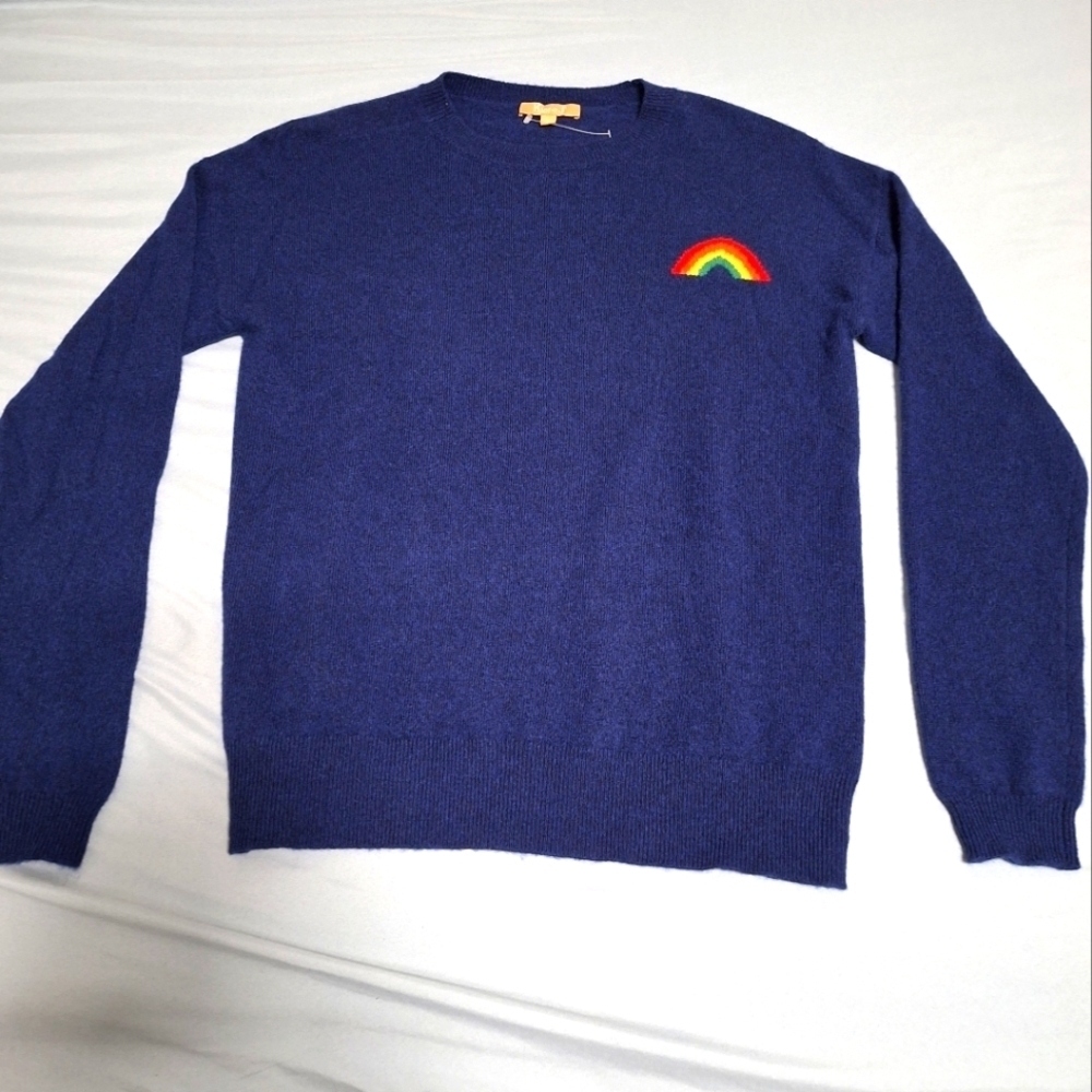 Kier + J Cashmere Crew Neck Sweater. Royal Blue With Rainbow Patch. Nwt .